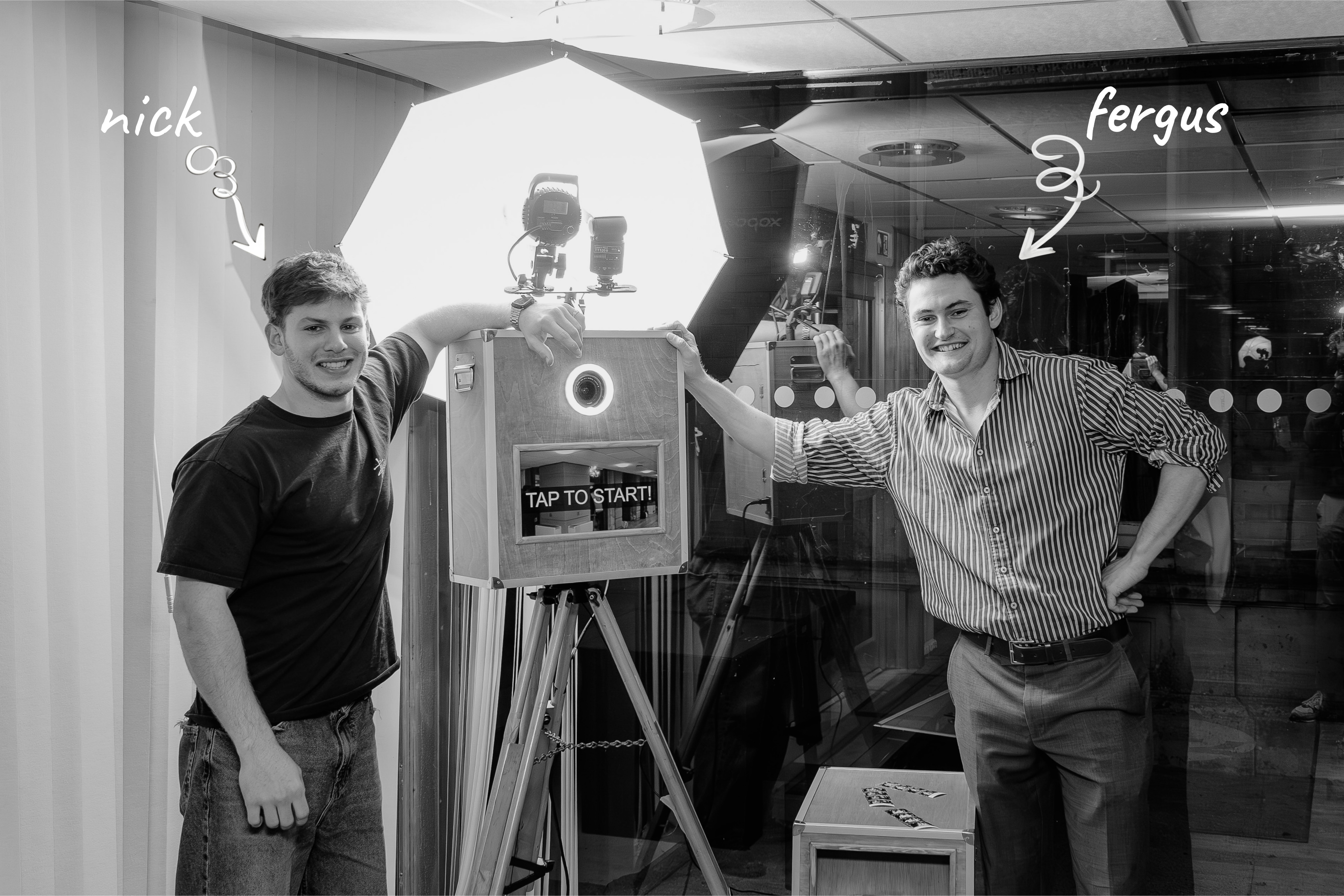 Nick and Fergus, founders of unimoments, with their vintage selfie pod